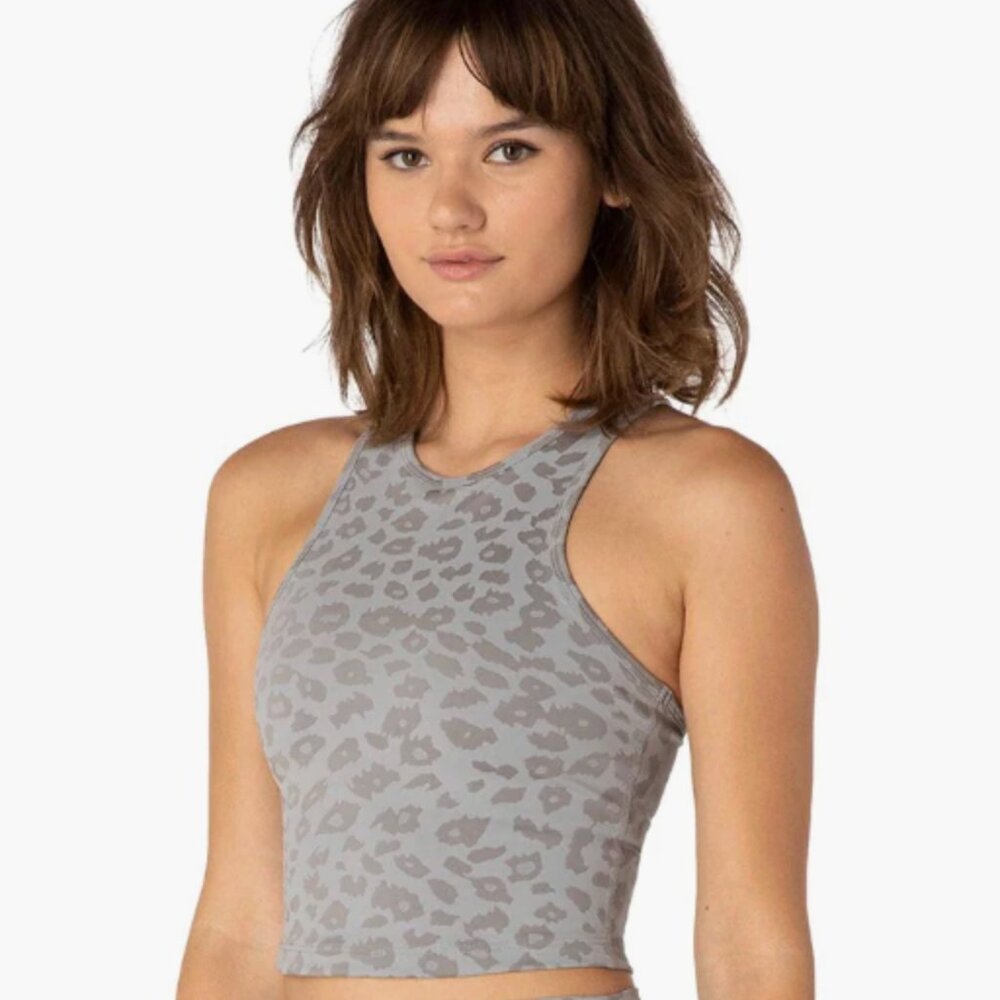 Beyond Yoga Gray Leopard-Print Cropped High-Neck Sports Bra